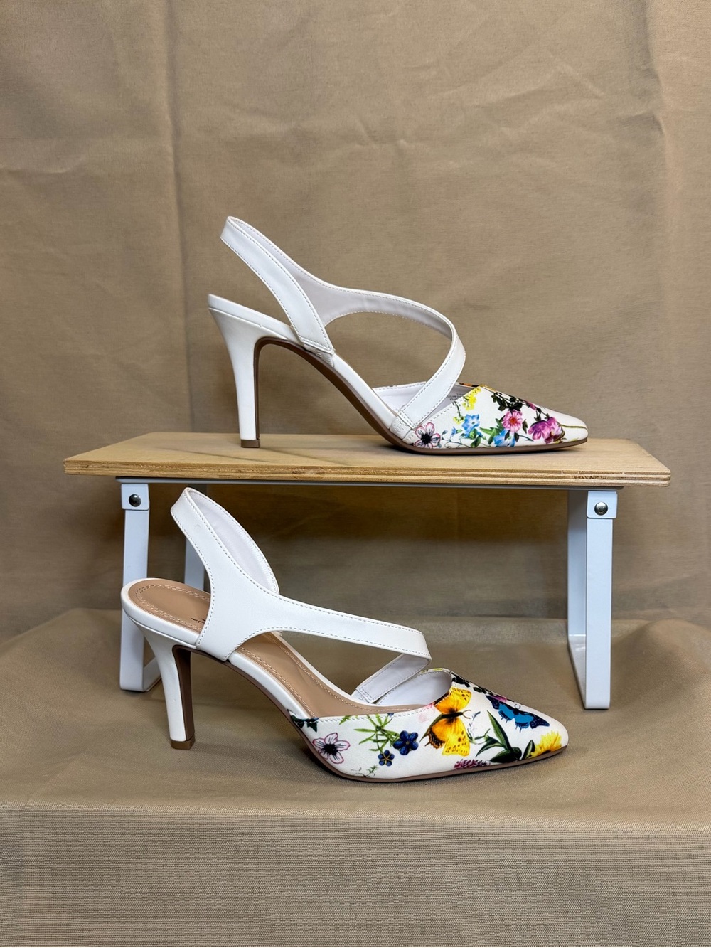 Impo White Floral Pointed Slingback Heels